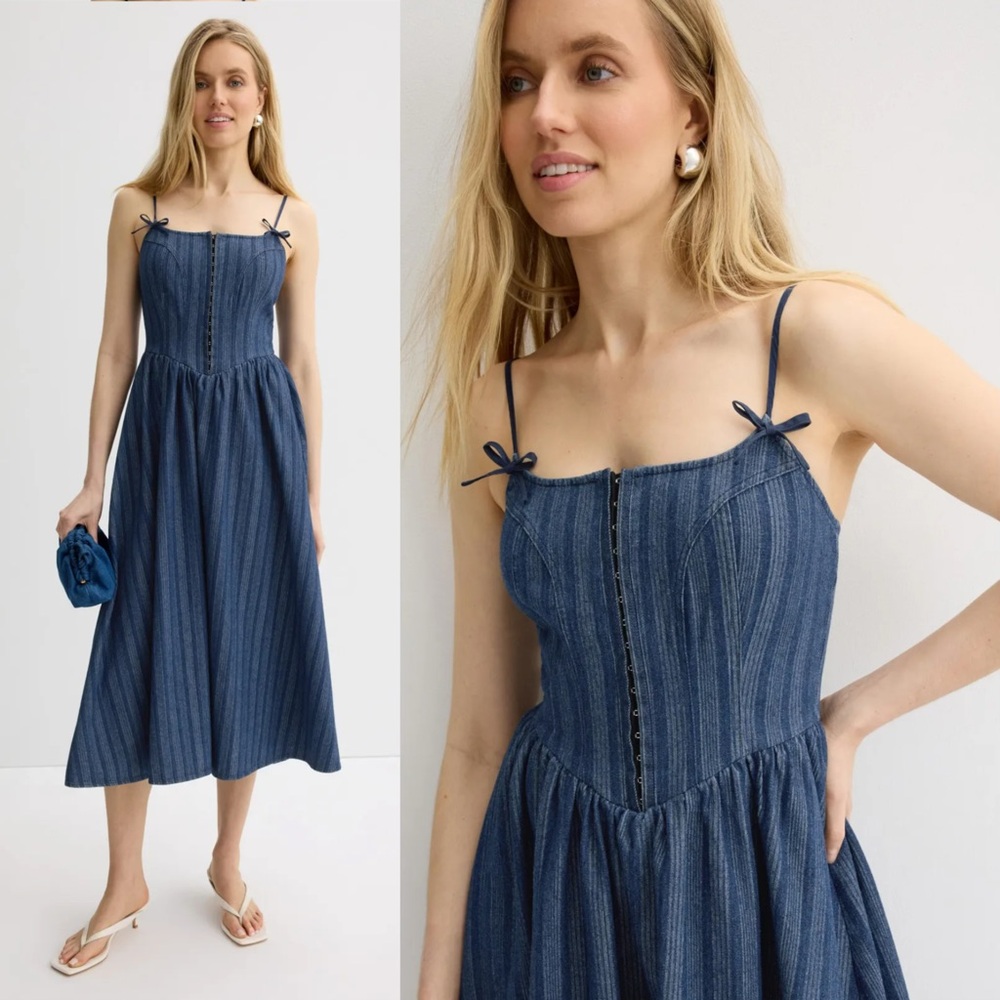 Moon River Strap Bow Detail Denim Midi Dress - Picture 2 of 15